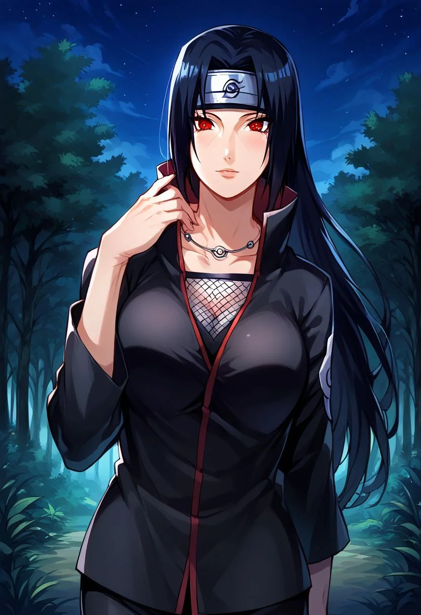 score_9, score_8_up, score_7_up, ASCII masterpiece, source_anime, BREAK, 1girl, solo, (( <lora:mikoto_uchiha :1> , mikoto_uchiha, thin waist, wide hips, beautiful skin, beautiful dark blue hair, beautiful long hair, clear eyes, piercing black eyes, bright pupils, beautiful eyes, huge and shaggy breast, beauty, extraordinary beautiful woman, attractive woman, super sexy woman, lustful body, sexy milf with seductive obscene body, sensual body, voluptuous body)) , sharingan, sharingan eyes, akatsuki uniform, akatsuki cloak, akatsuki outfit, red eyes, ninja, forehead protector, standing, standing, hand up, necklace, creepy forest, at night, dark, outdoors,