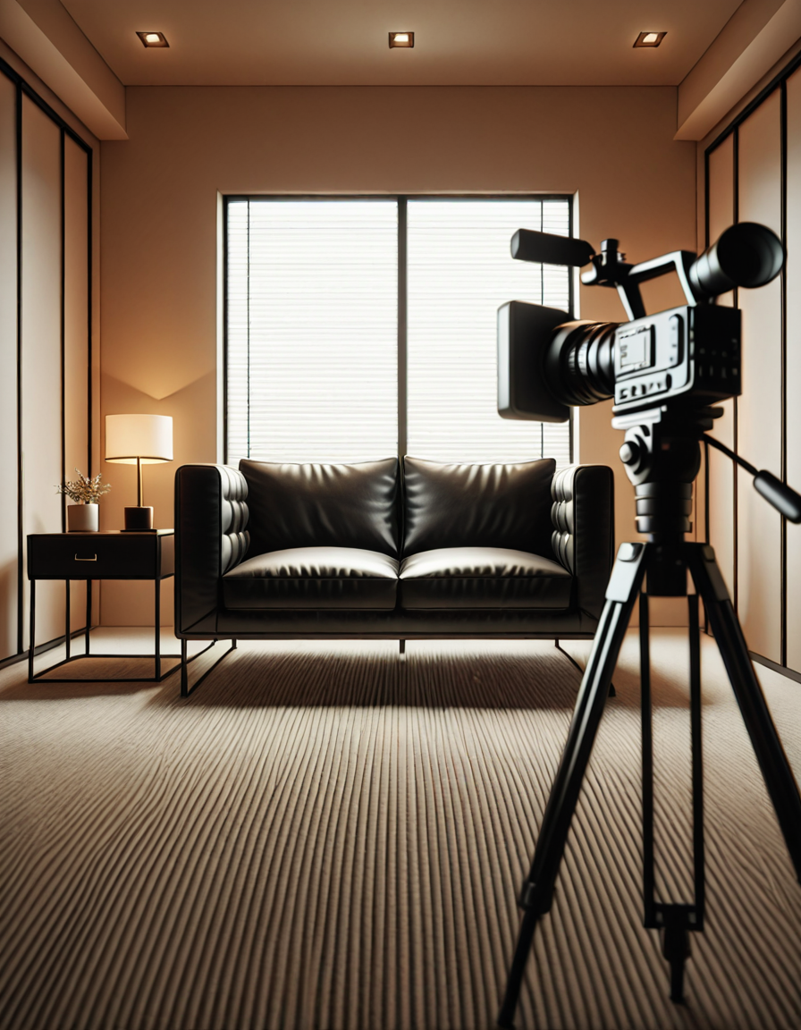 A high-quality, realistic photograph of a modern casting office interior featuring a simple black leather couch positioned against a plain white wall. The couch is sleek, clean, and minimalist in design, with smooth cushions and subtle stitching details. In front of the couch is a small, low wooden coffee table with a few neatly stacked magazines and a glass of water. To the side, there's a professional camera on a tripod aimed at the couch, with softbox lights set up to provide balanced, diffused lighting, eliminating harsh shadows. The floor is covered with light gray carpet, adding a soft texture to the scene. The atmosphere is quiet and neutral, resembling a professional interview space. The overall composition is centered and symmetrical, with a clear focus on the furniture and equipment. No people are present. The photograph has a natural daylight tone coming from an unseen window, giving a soft, ambient glow to the room.
<lora:SDXLFaeTastic2400:0.4> <lora:extremely_detailed:0.4> extremely detailed, <lora:C4st1ng_c0uch-i:1>,C4st1ng c0uch, Masterpiece,best quality,hi res,8k,hi res,8k,award winning,(sharp focus, intricate, highly detailed),