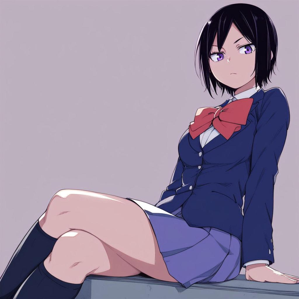 score_9, solo, hitomi_takano, short hair, black hair, purple eyes, school uniform, skirt, sitting, crossed legs, seductive
