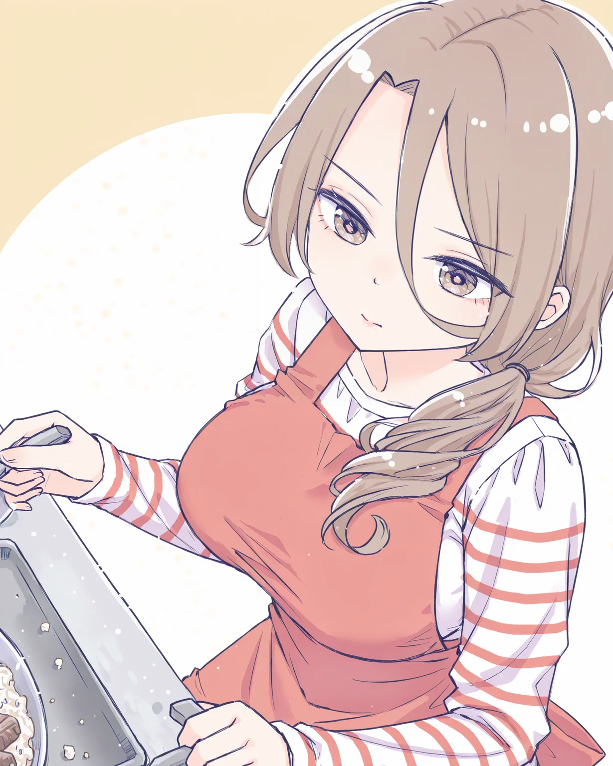 (1girl:0.6),solo,
(hahaoya:0.8),hair between eyes,brown hair,brown eyes,long hair,hair over shoulder,large breasts,
red striped clothes,two-tone shirt,red apron,long sleeves,
cooking,
best quality,high quality,highres,(jyt:0.2),huaxiao style,
<lora:fingers_adjuster_illustrious2.0stable_v1.0:1>,<lora:huaxiao_ill01:1>,<lora:huaxiao_ill01-000030:0>,