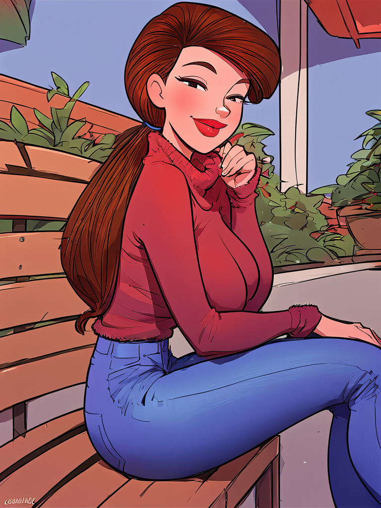 <lora:DatAssMomPony1.0:1> datmom, 1girl, jeans, breasts, brown hair, ponytail, sitting, denim, pants, long hair, sweater, lipstick, large breasts, makeup, mature female, blush, solo, blue pants, lips makeup,looking at viewer, smile, outdoors,, score_9, score_8_up, score_7_up, score_6_up