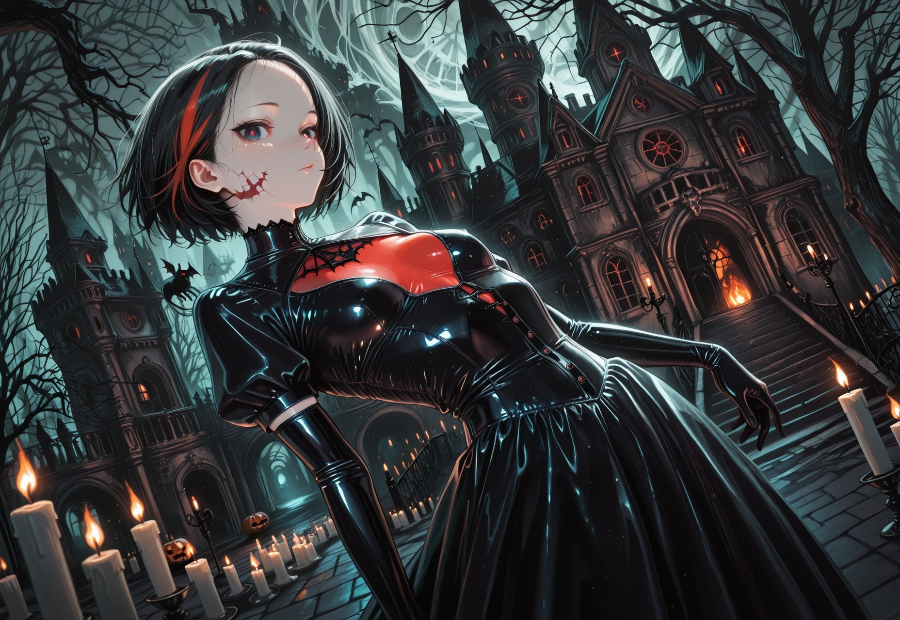 1rregular_b0, hyperdetailed_bg, (realistic_bg:1.2, su22eal_bg:1.2), (full_bg:1.4), (outdoors, haunted castle, candles, dead tree, halloween_theme:1.2), (detailed background), 

(1girl, solo, looking at viewer, dynamic pose), (latex elbow gloves, black dress, 0ri3ntal_theme:1.1), ((great anatomy, correct anatomy, akariL, wide forehead, black hair, short hair, red_streaked_hair, greenish_grey_pupils, red_iris, small breasts)),

dynamic angle, 

((best quality, amazing quality, HD, intricate, ultra-detailed, newest, visual impact, very aesthetic)), detailed facial features, detailed clothing features, detailed texture, 