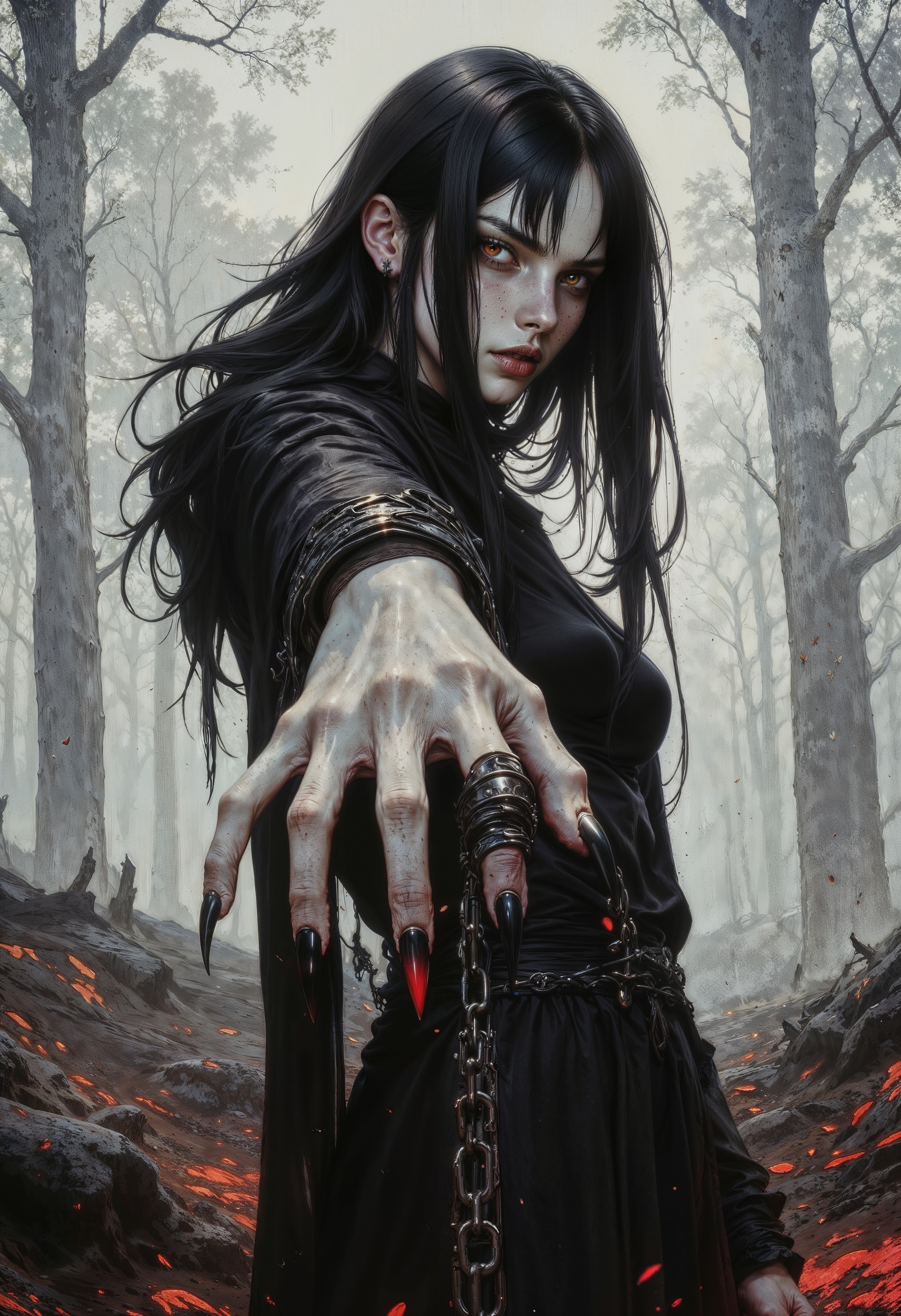 a digital painting in a dark, gothic fantasy style. It features a young woman with long, flowing black hair that cascades down her shoulders, framing her pale, almost ghostly skin. Her eyes are an unsettling red, adding to the eerie atmosphere. She is dressed in a black, form-fitting outfit with long sleeves, which contrasts starkly against the white and red hues of the background.
Her pose is dynamic and slightly menacing, with her hand reaching out towards the viewer, displaying long, sharp, claw-like nails. With a chain wrapped around her wrist, suggesting a sense of restraint or captivity. The background is a blurred, foggy forest, with tall, shadowy trees and a ground covered in red, glowing patterns that seem to pulse with an otherworldly energy.
The overall color palette is dark and moody, dominated by blacks, whites, and reds, creating a haunting and intense mood. The textures in the painting are smooth yet detailed, with the artist using digital effects to create a sense of depth and movement. The woman's expression is intense and slightly sinister, adding to the overall dark fantasy theme of the artwork.