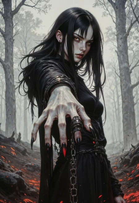 a digital painting in a dark, gothic fantasy style. It features a young woman with long, flowing black hair that cascades down her shoulders, framing her pale, almost ghostly skin. Her eyes are an unsettling red, adding to the eerie atmosphere. She is dressed in a black, form-fitting outfit with long sleeves, which contrasts starkly against the white and red hues of the background.
Her pose is dynamic and slightly menacing, with her hand reaching out towards the viewer, displaying long, sharp, claw-like nails. With a chain wrapped around her wrist, suggesting a sense of restraint or captivity. The background is a blurred, foggy forest, with tall, shadowy trees and a ground covered in red, glowing patterns that seem to pulse with an otherworldly energy.
The overall color palette is dark and moody, dominated by blacks, whites, and reds, creating a haunting and intense mood. The textures in the painting are smooth yet detailed, with the artist using digital effects to create a sense of depth and movement. The woman's expression is intense and slightly sinister, adding to the overall dark fantasy theme of the artwork.