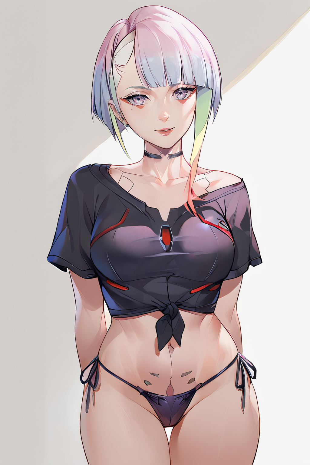 score_9,score_8_up,score_7_up,
<lora:Lucy_Pony:1>,
lucyna,fanart,1girl,solo,multicolored hair,lucy,(cyberpunk),shirt,white background,looking at viewer,breasts,underwear,panties,short hair,bangs,black panties,simple background,black shirt,pink hair,medium breasts,side-tie panties,choker,thighs,arm behind back,makeup,cowboy shot,collarbone,short sleeves,smile,gradient hair,