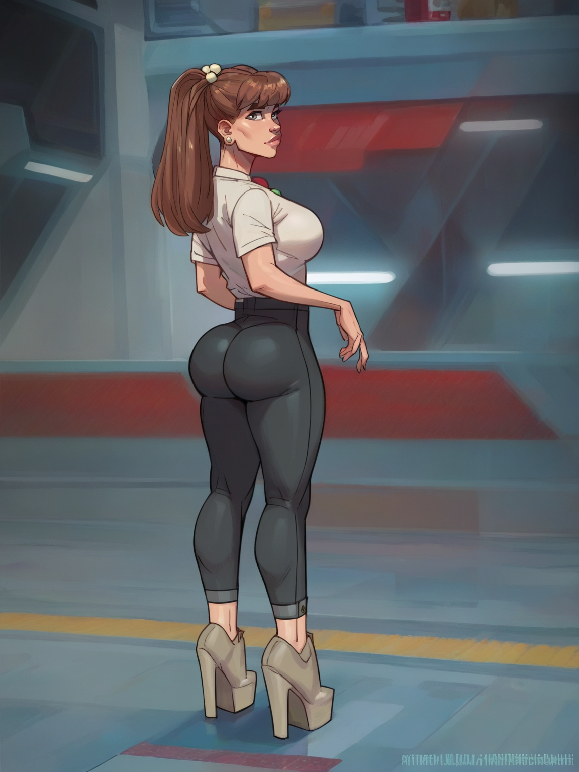 <lora:monster_girlv2:0.8> m_g, 1girl, brown ponytail hair, bangs, hairpin, small body, skinny body, grey eyes,   <lora:officialpit_style_v11:0.9> large breasts, wide hips, high heels, bubble butt, earrings, score_9, score_8_up, score_7_up,