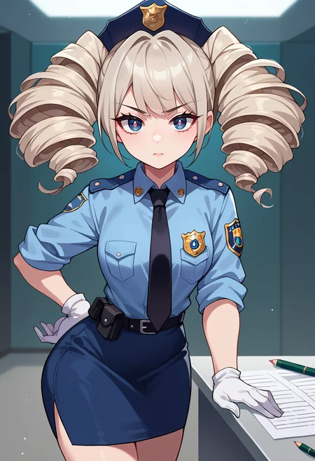score_9, score_8_up, source_anime, 1girl, solo, ShiroToF, multicolored eyes, grey hair, twintails, twin drills, police uniform, blue shirt, black necktie, badge, sleeves rolled up, white gloves, blue skirt, pencil skirt, <lora:ChamShiroToFPonyXL:1>