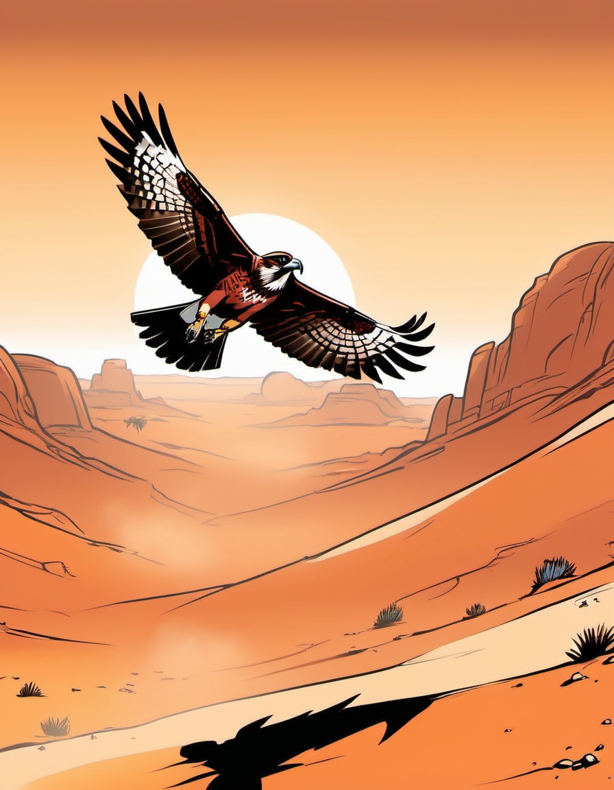 breathtaking graphic novel illustration of a falcon soaring above a desert, searching for prey.  <lora:Graphic_Novel_Illustration-000007:1>