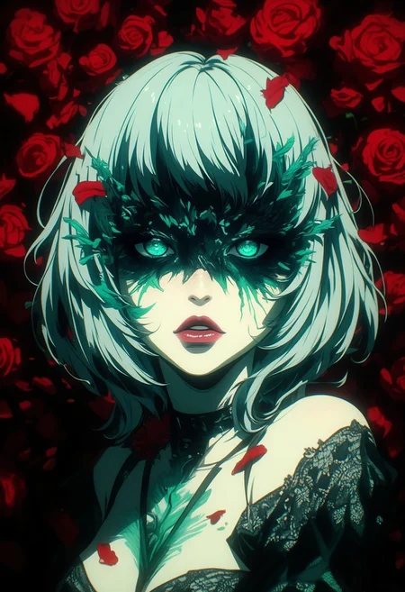 An Acrylic style painting that is expressive, gives it a dynamic and emotional quality. Anime art of a stylized portrait of a woman with a black and green mist over her eyes. The mist creates a dramatic and surreal effect. The woman has a cold aesthetic, complimented by her white hair. Anime art of woman draped in shadows with a lighting that enhances her unique features.
The background is bloodred, filled with red rose petals.