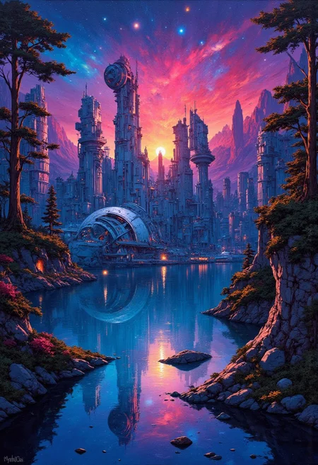 abstract oil painting, gradient vibrant neon colour, rough, textural, broad brush strokes, a futuristic sci-fi city with tall towers skyscrapers, and domes, perfectly reflected in a tranquil, still lake, at night, surreal colours, detailed night sky with stars and nebulas, mythp0rt