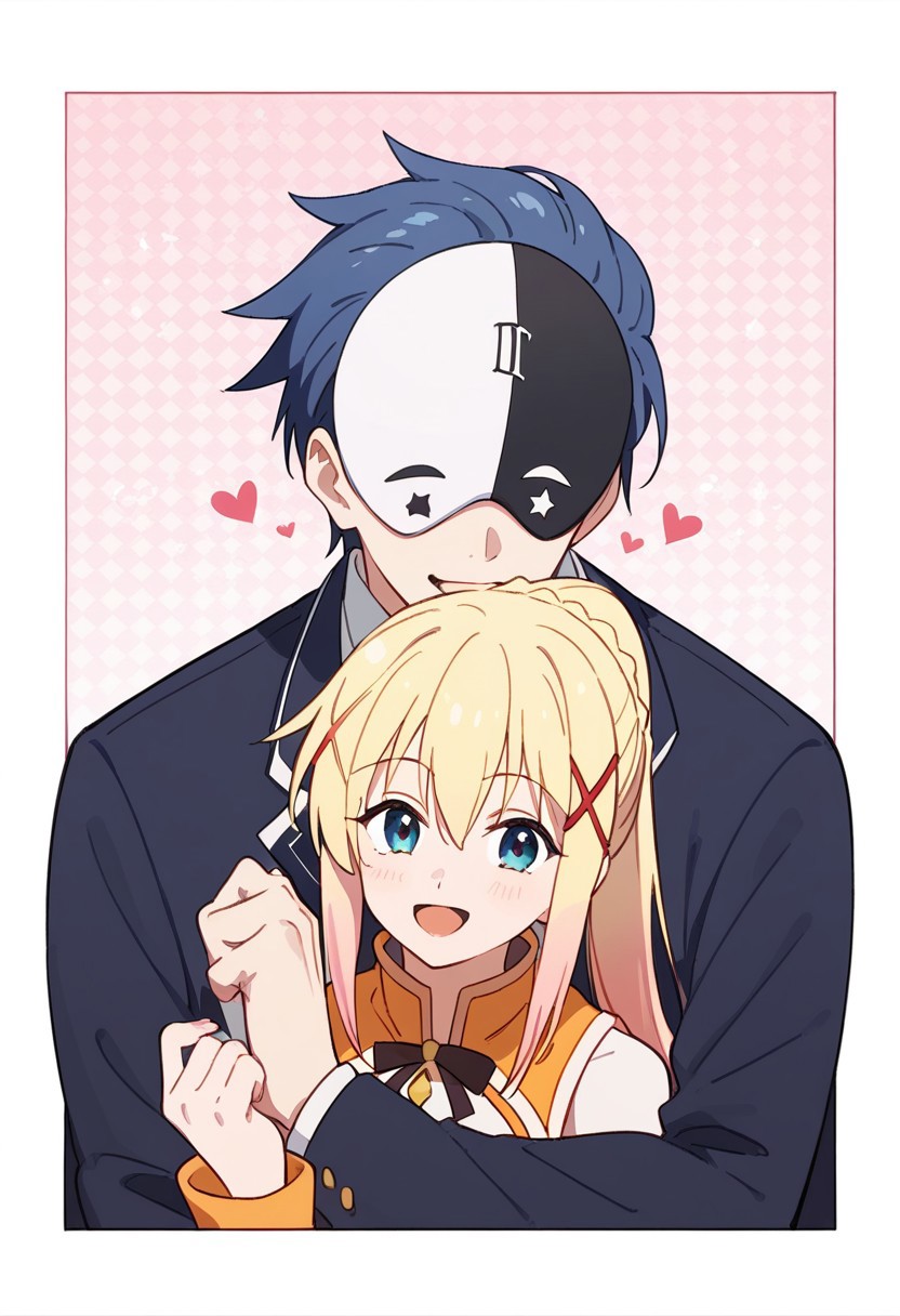 score_9, score_8_up, score_7_up, source_anime, rating_safe, hearts, VanirKONOSUBA, black-white_Vanir_eye mask, white-black_Vanir_no pupils eyes, blue_Vanir_hair, white-black_Vanir_star (symbol),(blue_Vanir_hair), 1boy, male focus, hug, darkness (konosuba), blonde_Darkness_ponytail, 1girl, casual clothes, wide smile, open mouth, hands with five fingers, stylistic white border, simple light pink patterned background, cute wallpaper, happy-cheery,