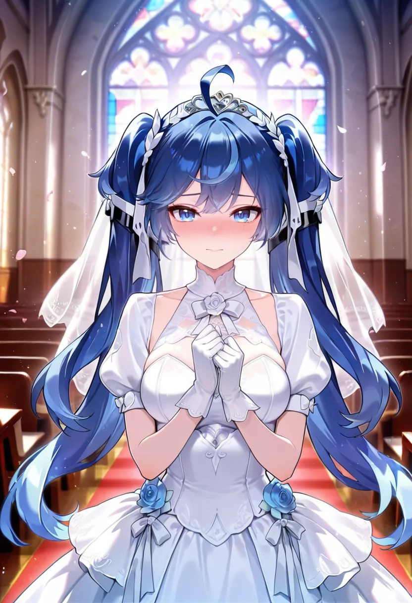 masterpiece, best quality, amazing quality,iuno, blue eyes,dark blue hair,ahoge, twintails, long hair, 1girl, solo, breasts,gloves,short gloves,puffy sleeves,wedding dress,closed mouth, nose blush, veil, bride,bridal veil,standing, looking at viewer, cowboy shot, indoors, church, blurry background <lora:iunoV1:0.9>