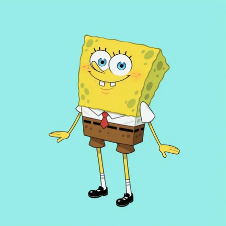 Blue background, simple background, solid color background, 2d, solo,
Spongebob Squarepants, blue eyes, colored skin, yellow skin, buck teeth, brown pants, red tie, white shirt, striped white socks, black shoes,
full body, happy expression, smile, closed mouth, looking at viewer