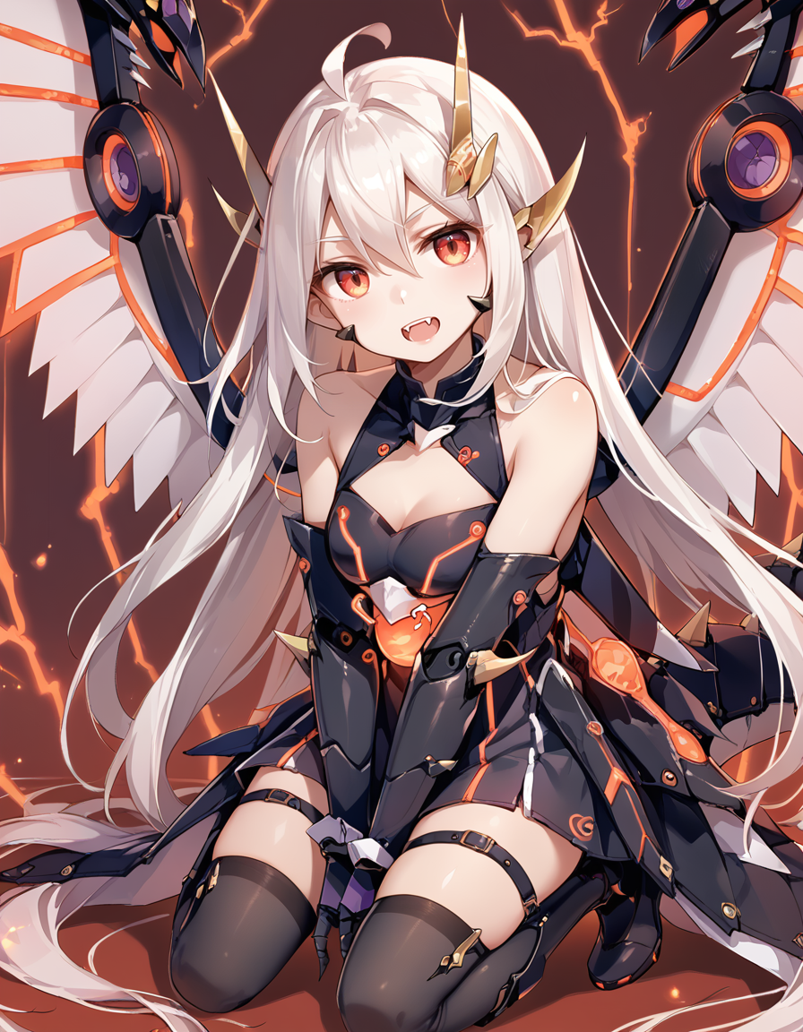 (score_9:0.9),score_8_up,score_7_up,rating_safe,(zPDXL3),
<lora:Cyber Dragon Infinity ponyXL v1.12:0.8>,
cyber dragon infinity,1girl,solo,open mouth,white hair,long hair,horns,personification,thighhighs,looking at viewer,bare shoulders,fangs,mecha girl,red lightning,black elbow gloves,kneeling,breastplate,mecha wings,