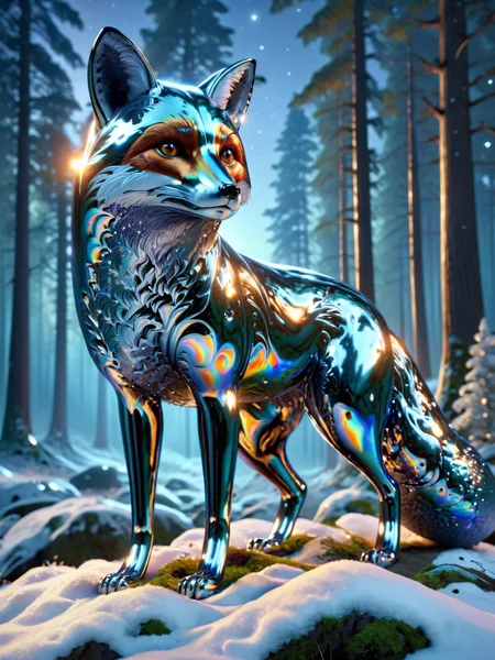 A sleek ais-metalz fox in a snowy forest, glistening under the moonlight <lora:Metallic_Iridescence_SDXL:1>