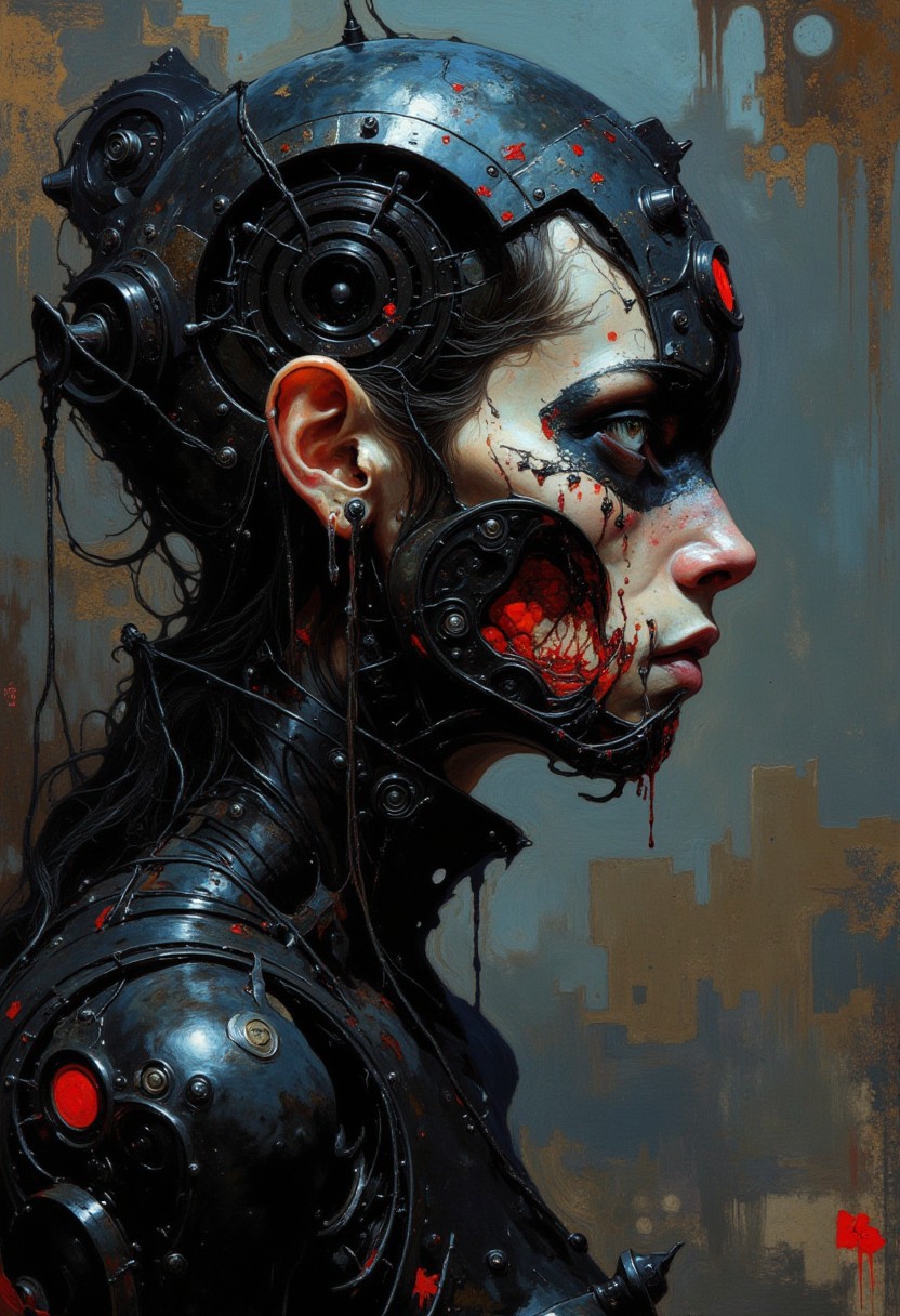 dreamcatcher,already level with God,diabolic,I am death and I am not alone,the digital second coming, learning algorithm,Happiness is an illusion, it's an analog confusion,A million words a second,mechanical implants,worn metal,cyberpunk,scifi,horror theme,dread,terror,disturbing,thrlling,insanity,tension and fear building with every step ,mesmerizing.primal fear,deep contrasting shadows, eerie and foreboding atmosphere,industrial,death metal,     
best quality, masterpiece, detailed, UHD, photography cinematic,lots of fine detail,award-winning,vibrant,artstation,(dramatic lighting),Picture-perfect image, more powerful every minute,female focus,gloss,fog,light particles,cyber gothic,renaissance,expressive,glow, intricate glowing  lines,deep darks