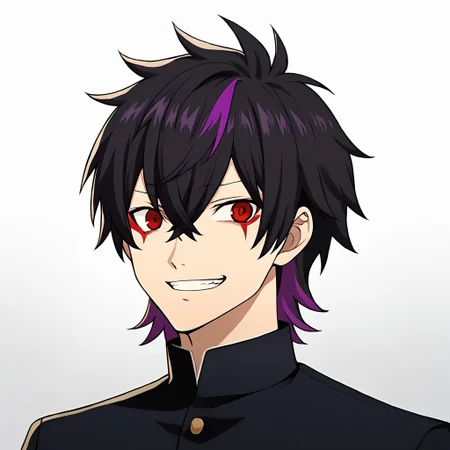 Score_9, score_8_up, score_7_up, source_anime, cowboy shot, masterpiece, best quality, upper body, portrait, (white background), solo, solo focus, 1boy, ((black hair)), short hair, spiky hair, ((hair straight up)), (hair between eyes), sharp top hair, ((slicked hair)), (((red eyes))), demonic eyes, ((purple string on bangs:1.3)), (colored bangs), (purple bangs), sharp teeths, smile grin, two colored hair, ((two-tone hair)), ((streaked hair:1.3)), (multicolored hair), purple hair, ((red eye tattoos)), (purple colored inner hair), <lora:colored inner hair:1>, ((purple hair tips)), <lora:_sdxl-gakuran-pony:0.8> (((black gakuran)))