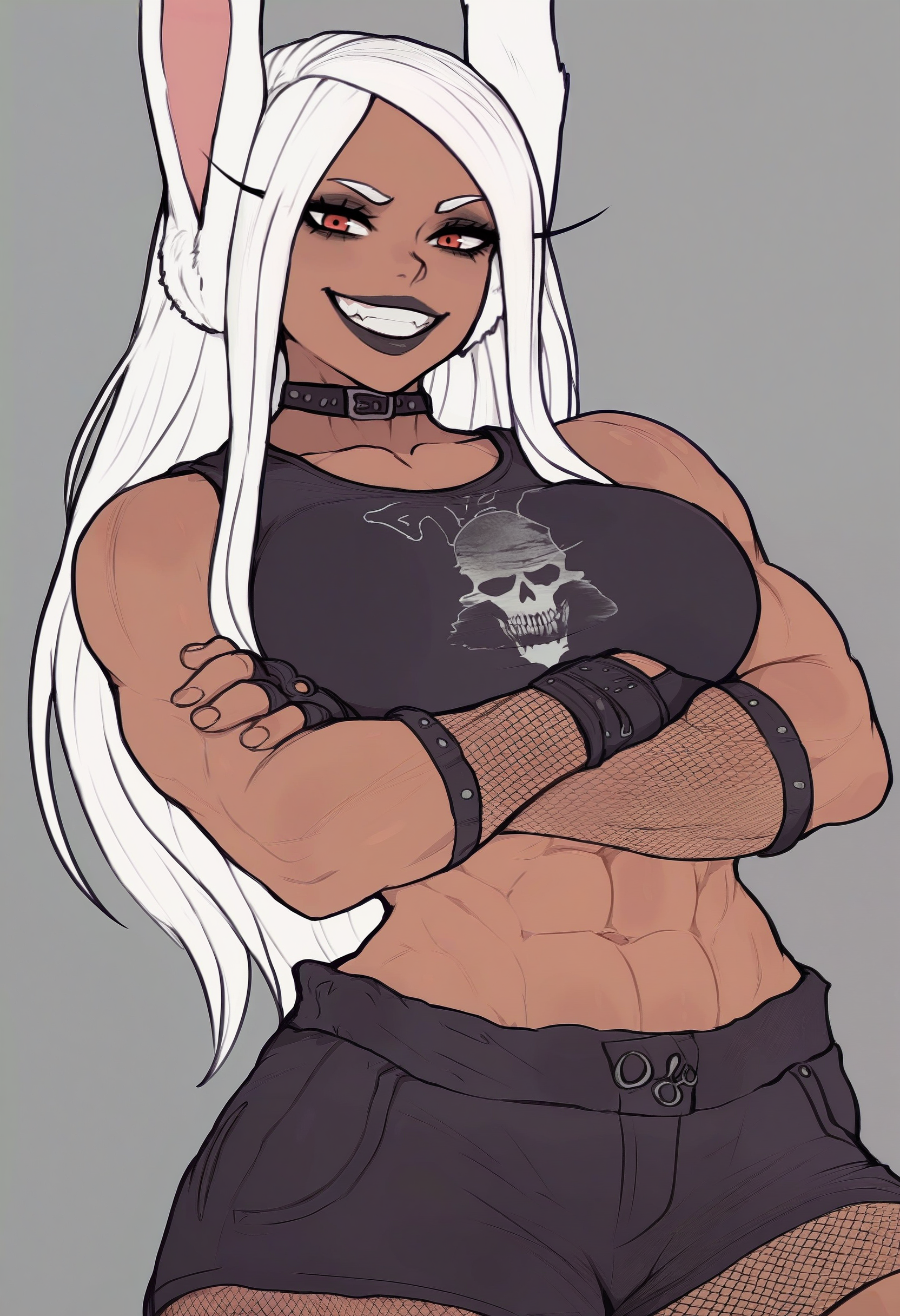 1girl, solo, mirko, gothic, muscular female, fishnets, shorts, fingerless gloves, makeup, large breasts, crossed arms, looking at viewer, grin, black lips, choker, abs, toned, 
masterpiece, best quality, <lora:yoracrab-guy90-Illust-Lycorisv1:1> barroy