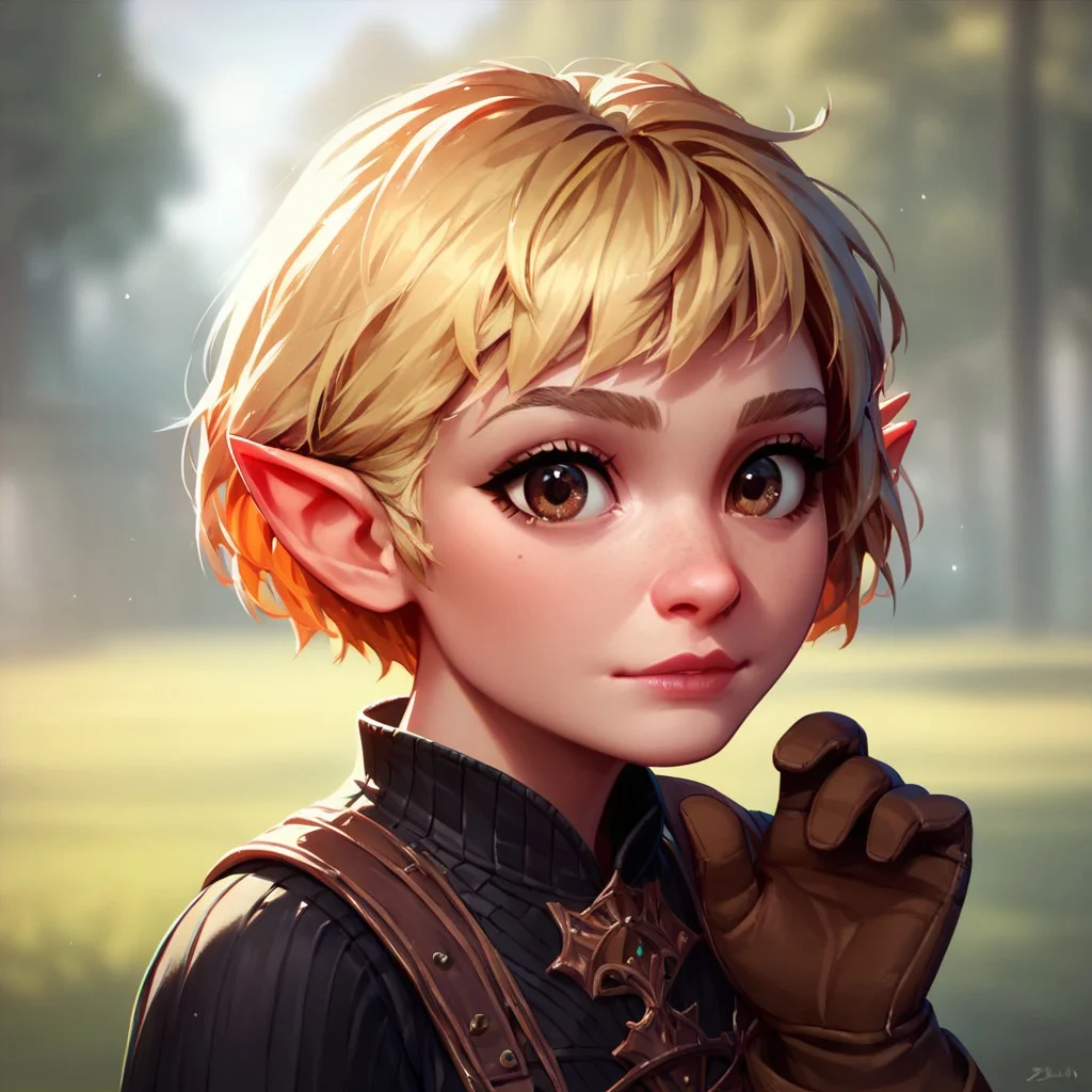 (((beautiful, high quality))), upper Body, score_9, score_8_up, score_7_up,
halfling, short stature, pointed ears, big eyes,
1girl, brown eyes, short hair, blonde hair, black top, gloves, fantasy clothes,
looking at the viewer, posing, blurred background, blurred fantasy background,