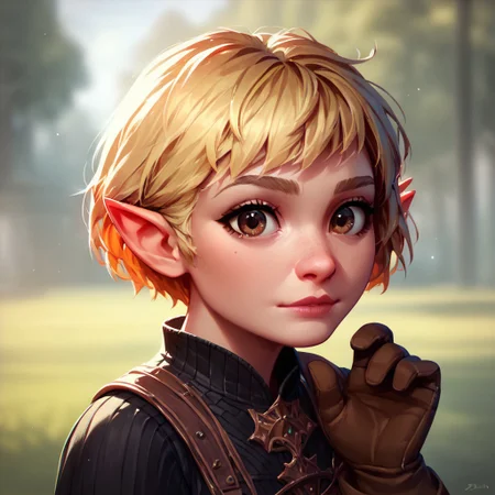 (((beautiful, high quality))), upper Body, score_9, score_8_up, score_7_up,
halfling, short stature, pointed ears, big eyes,
1girl, brown eyes, short hair, blonde hair, black top, gloves, fantasy clothes,
looking at the viewer, posing, blurred background, blurred fantasy background,