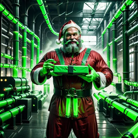 raw photo,cinematic shot,professional photography,cybermutant santa claus with glowing green tubes on his body holding a present in an industrial factory