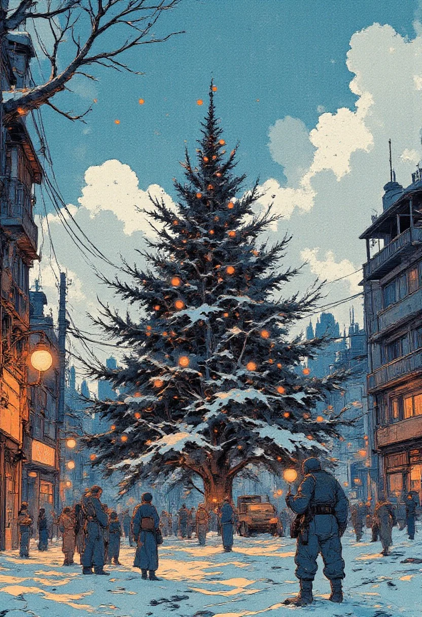 An idyllic winter scene with a serene town square adorned with festive decorations. A large, beautifully lit Christmas tree stands as the focal point, surrounded by happy families and children playing in the snow. In the foreground, a group of soldiers in military fatigues, armed with candy canes instead of weapons, are engaged in a playful snowball fight with Santa Claus and his elves. The soldiers' helmets are decorated with holiday wreaths, and their faces are filled with laughter and joy. Behind them, a sign reads "Peace on Earth" in bold letters, while a tank in the background has been transformed into a sleigh with reindeer antler decals. The sky above is clear and blue, with a single cloud shaped of a dove carrying an olive branch, symbolizing peace. The overall atmosphere is one of unity and camaraderie, with the traditional symbols of war replaced by those of the festive season and goodwill. The scene humorously and emphatically conveys the message that the concept of a "War on Christmas" is nothing but a fictional construct, as the true spirit of Christmas is about peace, love, and shared happiness.
<lora:Anime v1.3:1.2> <lora:Blue_Future:0.9> <lora:Ethereal_Brush_Anime_v1.0:0.6> <lora:It's a LoRA for portraits, BUT! actually specialized in backgrounds. v1.0:0.2>