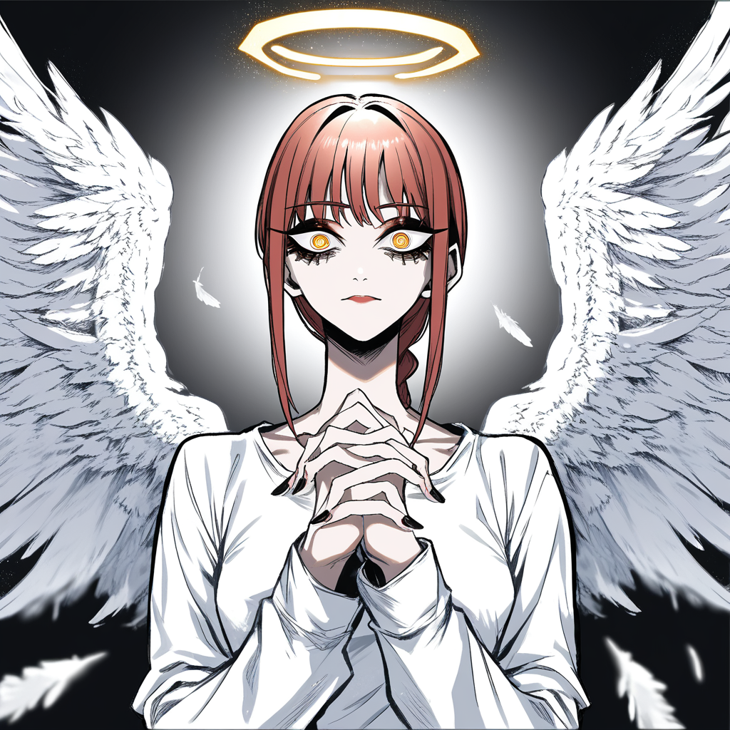 score_9, score_8_up, score_7_up, source_anime, highly detailed, dizzle, makeup, makeup, eyeliner, bags under eyes, makima \(chainsaw man\), angel wings, big wings, outstretched wings, angel halo, glowing halo, hands together, 1girl