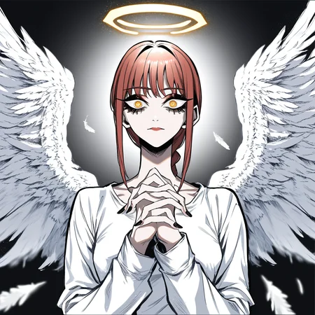 score_9, score_8_up, score_7_up, source_anime, highly detailed, dizzle, makeup, makeup, eyeliner, bags under eyes, makima \(chainsaw man\), angel wings, big wings, outstretched wings, angel halo, glowing halo, hands together, 1girl