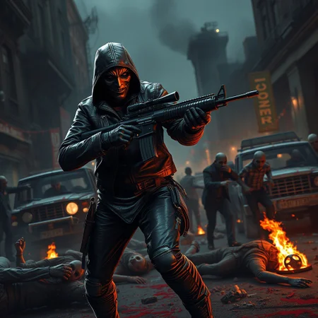 realistic, highly detailed, a lone masked scavenger stalking the streets of a post-apocalypse city. leather outfit, Surrounded by zombies, holding an assault rifle, dynamic pose, fighting, battle, combat, destroyed vehicles, destroyed buildings, night, scary, eerie, horror, fires, bodies on the ground, blood,