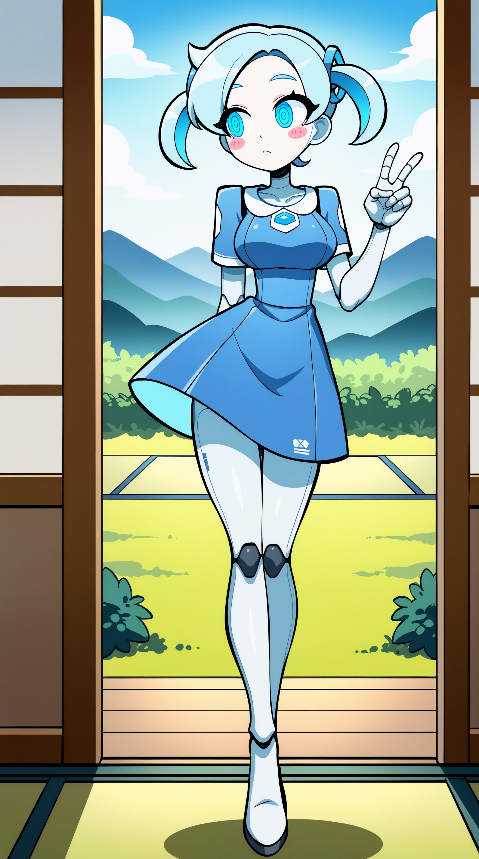 masterpiece, best quality, amazing quality, aesthetic,  absurdres, best quality, 4k, upscale, indoors, tatami, sky, landscape, dynamic pose, Robo-Alice, , robot, humanoid robot,  1girl, colored skin, v, solo, android, joints, blush stickers, short sleeves, looking to the side, robot joints, twintails, short twintails, dress, blue eyes, ringed eyes, blue hair, standing, breasts, closed mouth, blue dress,   <lora:Robo-Alice_IL:0.8>