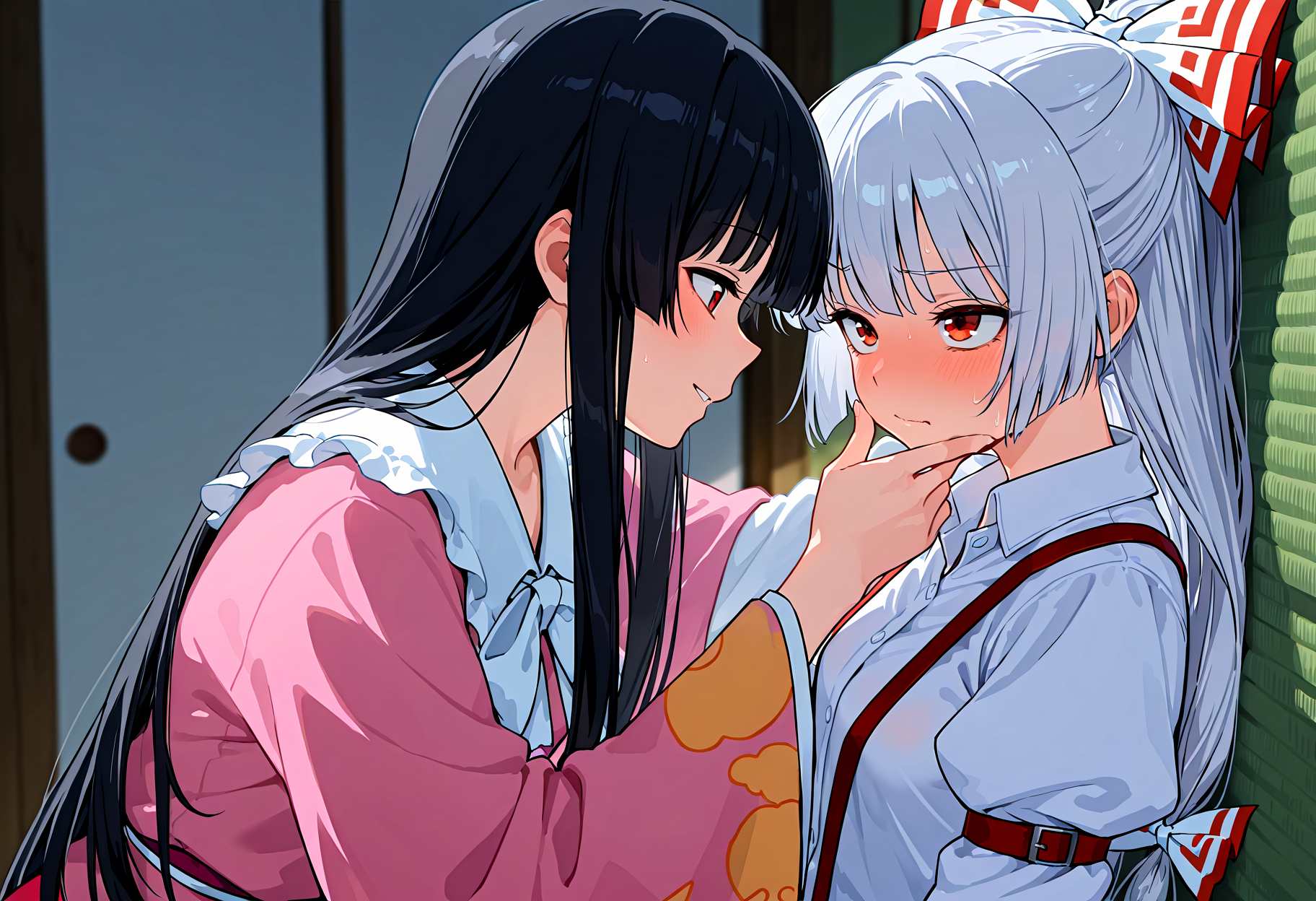 (masterpiece, high quality, amazing detail), highres, 2girls, fujiwara no mokou, houraisan kaguya, against wall, looking at another, <lora:Wanna_touch_boobs:0.6>