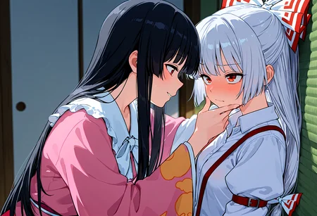 (masterpiece, high quality, amazing detail), highres, 2girls, fujiwara no mokou, houraisan kaguya, against wall, looking at another, <lora:Wanna_touch_boobs:0.6>