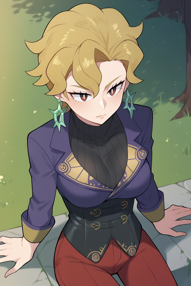 score_9, score_8_up, score_7_up, BREAK,  <lora:ntrman-guy-PONYv1:1>, 1girl, solo, breasts,   <lora:pokemon_briar_ponyXL:0.95> pokemonbriar, blonde hair, purple jacket, corset, black sweater, turtleneck, red pants, earrings, sitting, outdoors,