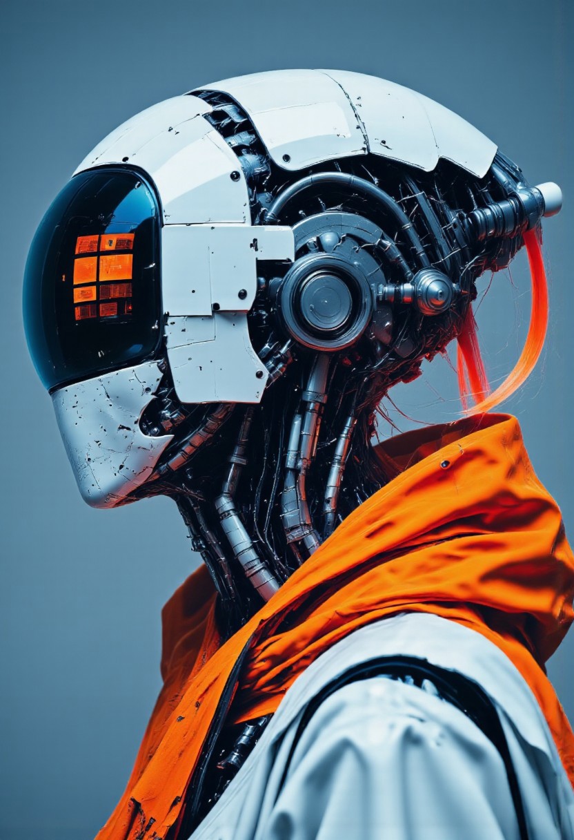 neon-mist, cpstyle. A high-resolution digital artwork featuring a futuristic, cybernetic woman with an intricate mechanical design. Her sleek, robotic exoskeleton is predominantly white with striking orange accents, composed of interlocking plates, exposed wiring, and glowing circuitry that pulse with an eerie energy. A large, circular visor obscures her eyes, its reflective surface displaying cryptic digital patterns, reinforcing her enigmatic, android-like presence.
Her head is adorned with an advanced neural interface, an intricate headdress of segmented metal plating and delicate fiber-optic strands woven together like a synthetic crown. The headdress integrates seamlessly into the high-tech plating along her neck and shoulders, forming a rigid yet elegant collar with engraved circuitry patterns. Thin mechanical tendrils extend from the back of her head, glowing faintly as they process vast streams of data.
