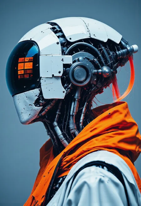 neon-mist, cpstyle. A high-resolution digital artwork featuring a futuristic, cybernetic woman with an intricate mechanical design. Her sleek, robotic exoskeleton is predominantly white with striking orange accents, composed of interlocking plates, exposed wiring, and glowing circuitry that pulse with an eerie energy. A large, circular visor obscures her eyes, its reflective surface displaying cryptic digital patterns, reinforcing her enigmatic, android-like presence.
Her head is adorned with an advanced neural interface, an intricate headdress of segmented metal plating and delicate fiber-optic strands woven together like a synthetic crown. The headdress integrates seamlessly into the high-tech plating along her neck and shoulders, forming a rigid yet elegant collar with engraved circuitry patterns. Thin mechanical tendrils extend from the back of her head, glowing faintly as they process vast streams of data.