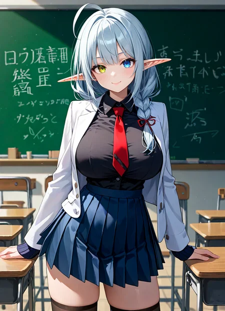 score_9, score_8_up, score_7_up ,source_anime, masterpiece, best quality, perfect anatomy , very aesthetic , official art, BRAKE
1girl , solo , kawaii , bishoujo , elf , pointy ears, long ears ,( heterochromia , odd eyes , blue left eye , green right eye), blue silver hair , (single braided:1.2), air-intake bangs, big ahoge, huge breasts , narrow waist , slender , glamorous body, , long sidelocks,
((white blazer , navy pleated skirt)) , ((black shirt)) , red ribbon tie , school blazer , thighhighs ,seductive smile ,
in classroom, chalkboard,