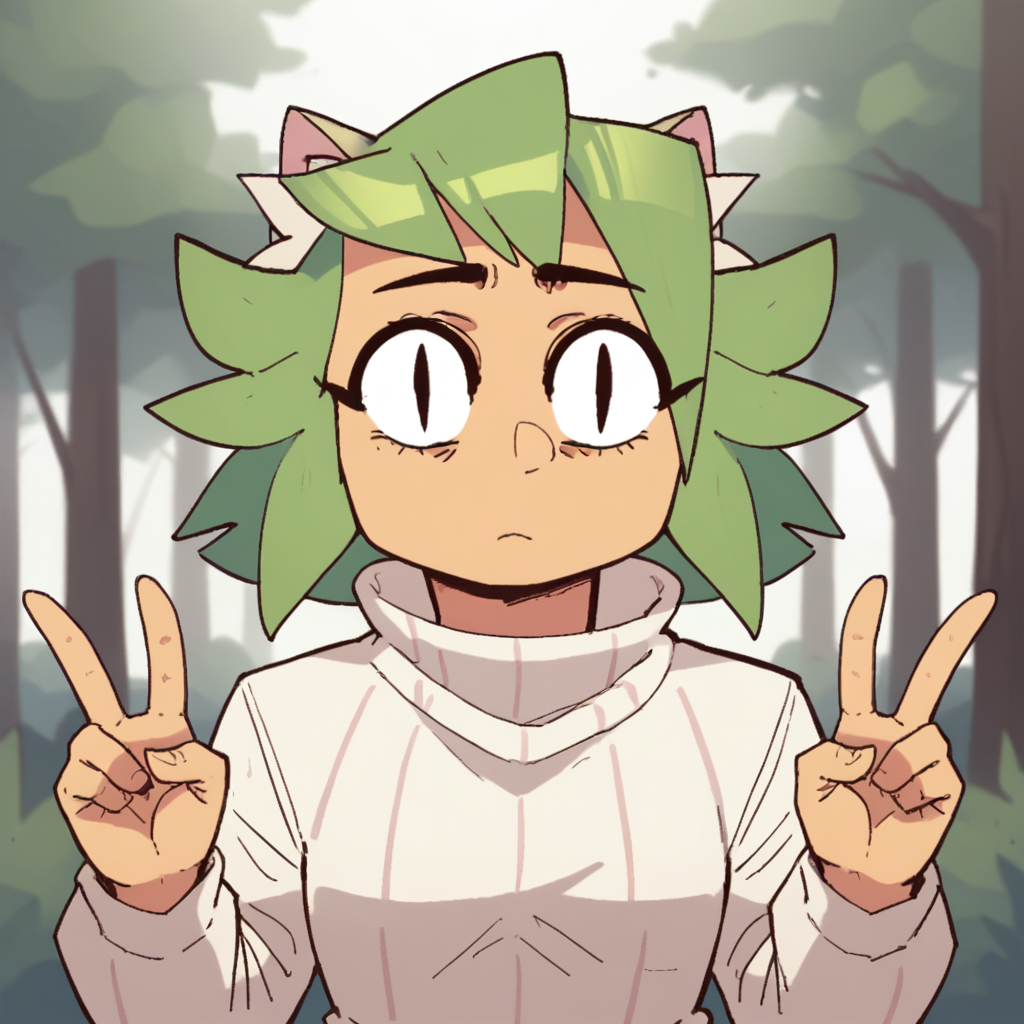 Ugly score_9_up, score_8_up, BREAK, lu, 1girl, solo, green hair, short hair, cat ears, black eyes, slit pupils, turtleneck sweater, long sleeves, black pants, cowboy shot, double v, forest, expressionless,   <lora:Lu_Randowis_PXL_Leaf2:1>