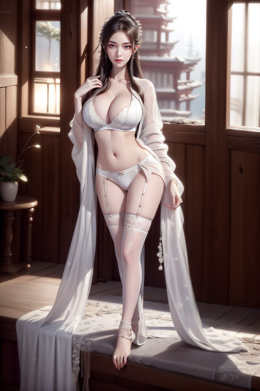 1girl, breasts, jewelry, lace, navel, lace_trim, lace-trimmed_legwear, long_hair, lingerie, solo, white_hair, sitting, earrings, looking_at_viewer, large_breasts, underwear,<lora:MIAOKA_fangqingxue_v1.0:1>