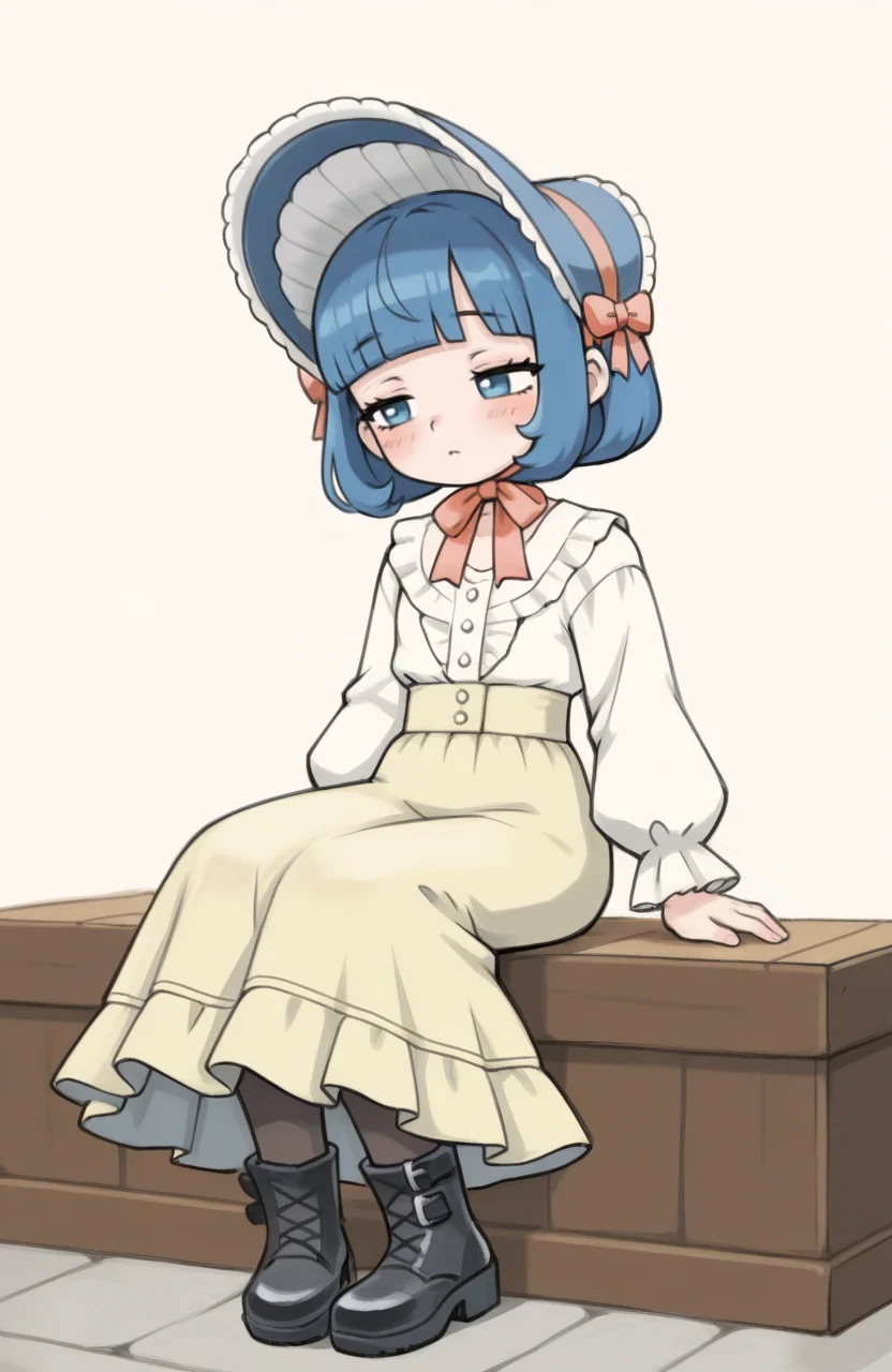 1girl, solo, <lora:qtkat:0.9> qtkat, traditional media, watercolor \(medium\),
<lora:Seraphi-DQX:0.8> seraphi \(dqx\), bob cut, blue hair, blunt bangs, victorian fashion, buttoned blouse, long skirt, pantyhose, boots, ribbon bonnet, sitting, slumped posture, eyes half closed, tired annoyance, subtle expression, extremely detailed, highres, masterpiece, best quality