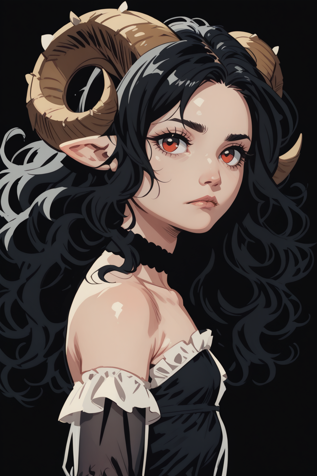 1girl, horns, solo, long hair, pointy ears, looking at viewer, black hair, bare shoulders, , upper body, sheep horns, lips, black eyes, dress, choker, curled horns, wavy hair, breasts, hair ornament, detached sleeves, closed mouth, black dress, nose, from side, sheep girl, expressionless, black hair, flower, eyelashes, small breasts, see-through, red eyes, looking to the side, hair flower, strapless dress, demon girl, black theme,
 (lineless, vector art:1)  <lora:vector_lora:1> <lora:COMMIX_r1:1> commix style