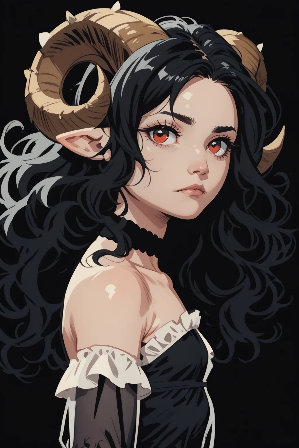 1girl, horns, solo, long hair, pointy ears, looking at viewer, black hair, bare shoulders, , upper body, sheep horns, lips, black eyes, dress, choker, curled horns, wavy hair, breasts, hair ornament, detached sleeves, closed mouth, black dress, nose, from side, sheep girl, expressionless, black hair, flower, eyelashes, small breasts, see-through, red eyes, looking to the side, hair flower, strapless dress, demon girl, black theme,
(lineless, vector art:1) <lora:vector_lora:1> <lora:COMMIX_r1:1> commix style