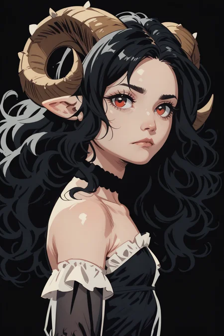 1girl, horns, solo, long hair, pointy ears, looking at viewer, black hair, bare shoulders, , upper body, sheep horns, lips, black eyes, dress, choker, curled horns, wavy hair, breasts, hair ornament, detached sleeves, closed mouth, black dress, nose, from side, sheep girl, expressionless, black hair, flower, eyelashes, small breasts, see-through, red eyes, looking to the side, hair flower, strapless dress, demon girl, black theme,
(lineless, vector art:1) <lora:vector_lora:1> <lora:COMMIX_r1:1> commix style