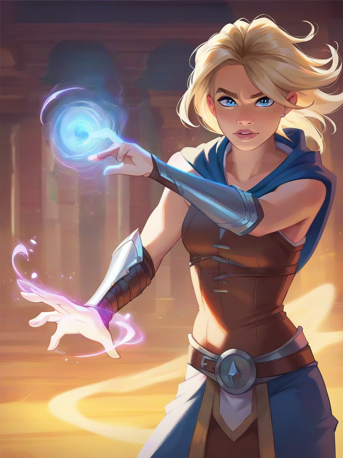 <lora:Gwen_StacyV2:0.8>, g_s, 1girl, blonde, blue eyes, piercing, mage, magic, epic pose, score_9, score_8_up, score_7_up,