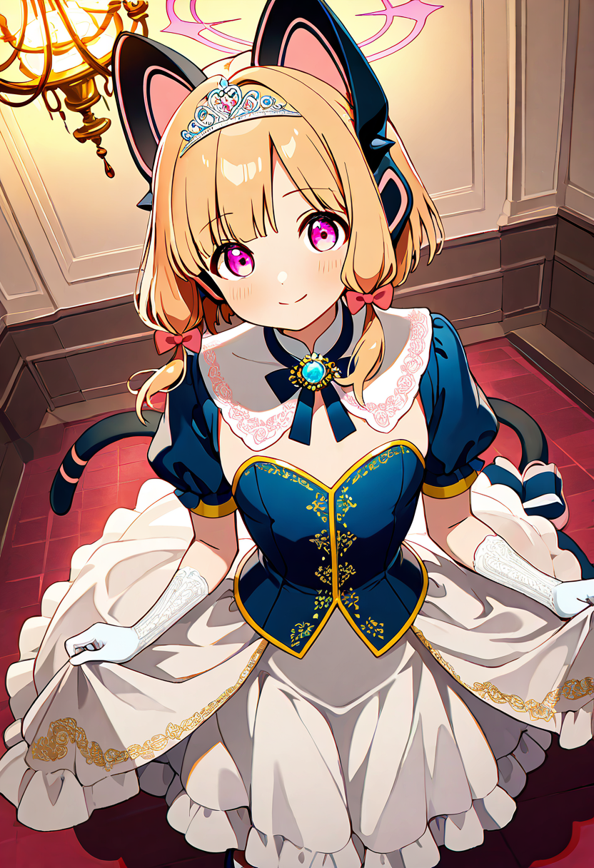 masterpiece, best quality, solo, curvy, beautiful eyes, narrow waist, wide hips, 1girl, solo, smile, looking at viewer, dynamic angle, foreshortening, close up,     zzMomoi, blonde hair, animal ears, fake animal ears, animal ear headphones, headphones, short hair, bow, halo, cat ear headphones, hair bow, red bow, pink eyes, pink halo,  ,<lora:MomoiBlueArchiveIXL:0.7>,[Sapphire Court Lady], floor-length silk gown with gemstone embroidery, deep blue bodice encrusted with sapphires, silver-threaded gloves, chandelier earrings, tiara with water-drop gems, satin slippers with jewel buckles, grand ballroom of marble and crystal, bowing attendants, graceful smile,