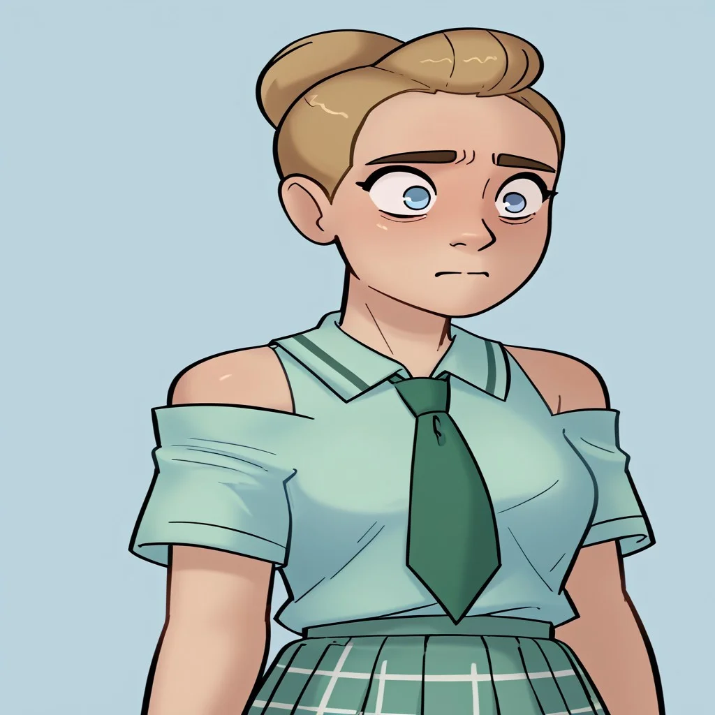 score_9, score_8_up, score_7_up, relatedguy, bust shot, solo, bare shoulders, CHAdora, simple background, one colour background, light blue background, Guilty, Downcast eyes, slumped shoulders, and a slightly ashamed expression, School Uniform, Green Tie, Green Collar Shirt, Skirt, Pleated Skirt, Short Sleeves, Long Socks,