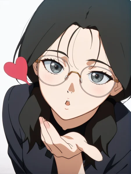 masterpiece, best quality, newest, absurdres, highres, 1girl, <lora:Yomoda_Chisa_IL1.1v0a:1> yomoda chisa \(sel\), anime coloring, anime screenshot, black hair, anime screencap, black hair, anime screencap, flat colors, flat shadows, grey eyes, perfect hands, white background, glasses, small breasts, black dress, heart, blowing kiss, open mouth,