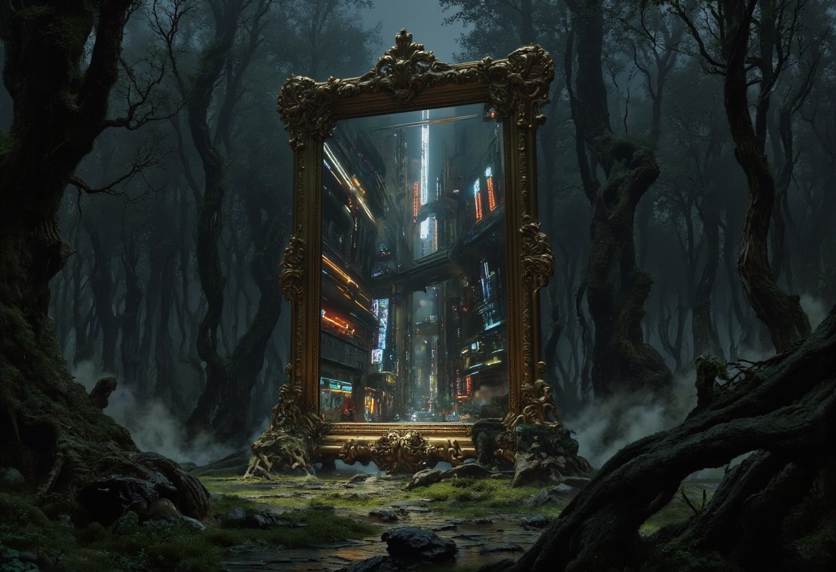 A freestanding, ornate antique mirror stands deep within a dense, ancient forest. Gnarled, moss-covered trees with skeletal branches surround it. The forest floor is damp with decaying leaves and emerald moss, shrouded in a heavy, low-hanging fog. The mirror’s glass, instead of reflecting this somber scene, reveals a vibrant, futuristic cityscape. Colossal skyscrapers pulse with neon light; sleek vehicles streak across the sky, leaving trails. Hyperrealistic glass shows stark contrast. The mirror is slightly off-center, emphasizing both realities. Dynamic light illuminates the city, contrasting with the cool, melancholic light of the foggy forest. A surreal, dramatic atmosphere is created. Textures are detailed: rough bark, smooth glass, polished buildings. The forest is still, somber, muted; the city is dynamic, vibrant. Leading lines of trees draw focus to the mirror. The contrasting palettes—muted forest greens/browns vs. vibrant city blues/oranges—enhance the difference. Time is ambiguous, with city in daylight and the forest in twilight
