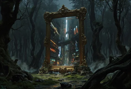 A freestanding, ornate antique mirror stands deep within a dense, ancient forest. Gnarled, moss-covered trees with skeletal branches surround it. The forest floor is damp with decaying leaves and emerald moss, shrouded in a heavy, low-hanging fog. The mirror’s glass, instead of reflecting this somber scene, reveals a vibrant, futuristic cityscape. Colossal skyscrapers pulse with neon light; sleek vehicles streak across the sky, leaving trails. Hyperrealistic glass shows stark contrast. The mirror is slightly off-center, emphasizing both realities. Dynamic light illuminates the city, contrasting with the cool, melancholic light of the foggy forest. A surreal, dramatic atmosphere is created. Textures are detailed: rough bark, smooth glass, polished buildings. The forest is still, somber, muted; the city is dynamic, vibrant. Leading lines of trees draw focus to the mirror. The contrasting palettes—muted forest greens/browns vs. vibrant city blues/oranges—enhance the difference. Time is ambiguous, with city in daylight and the forest in twilight