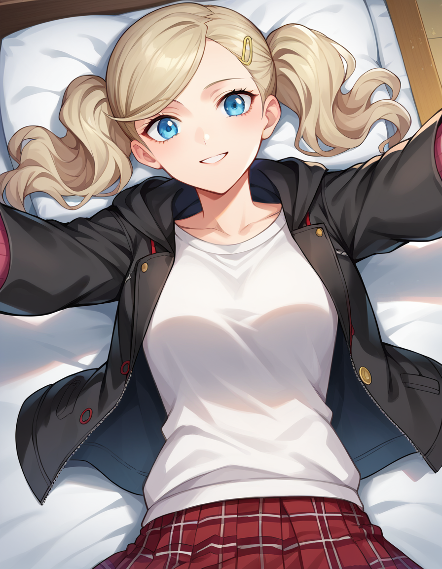 score_9, score_8_up, score_7_up, source_anime,
annetakamaki, <lora:anne-takamaki-ponyxl-lora-nochekaiser:1>
anne takamaki, blonde hair, blue eyes, hair ornament, hairclip, long hair, swept bangs, twintails, wavy hair, smile,
black jacket, grey sweater, hood, hood down, hooded sweater, jacket, long sleeves, miniskirt, open clothes, open jacket, pants, pants under skirt, plaid, plaid skirt, pleated skirt, red pants, skirt,
indoors, bed, bed room, on back, arm support, arms up, incoming hug, pov, reaching, reaching towards viewer,
looking at viewer, dutch angle, cowboy shot,