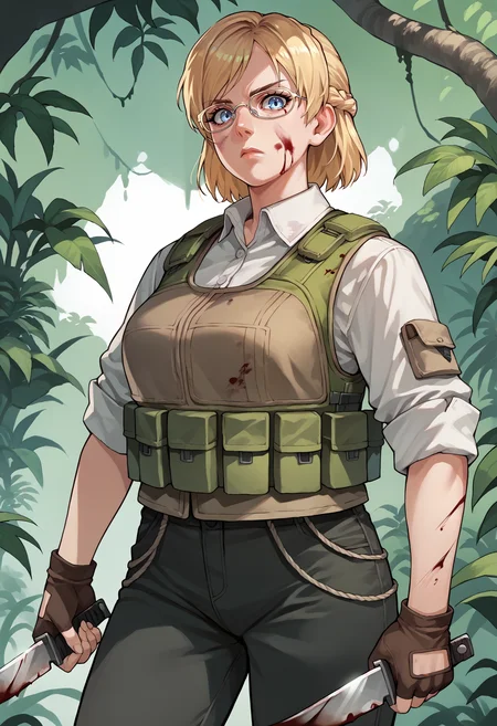 score_9, score_7_up, source_anime, 1girl, cowboy shot, looking at viewer, serious, blood on face, holding knife, <lora:JessieDeadRising-pdxl:1> j3ssie, blonde hair, short hair, french braid, glasses, blue eyes, large breasts, bulletproof vest, black pants, fingerless gloves, jungle